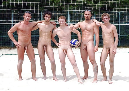 Naked Men Playing Volleyball