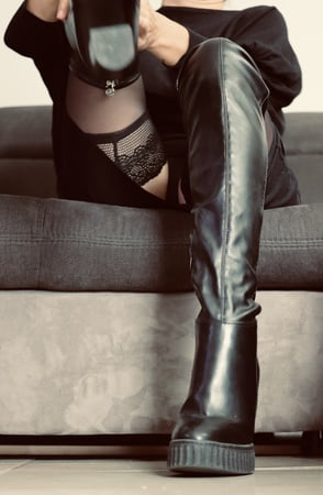 slut wife put plug ass nylon boot high skirt for show pussy         