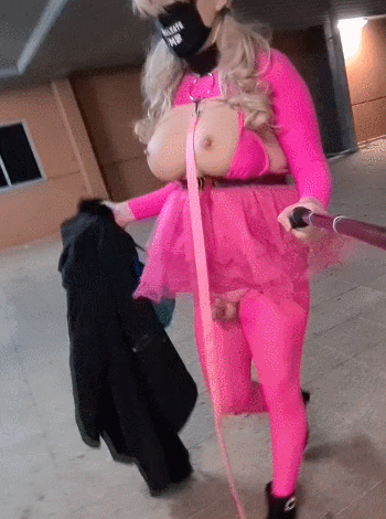 Pink leashed sissy in public #3
