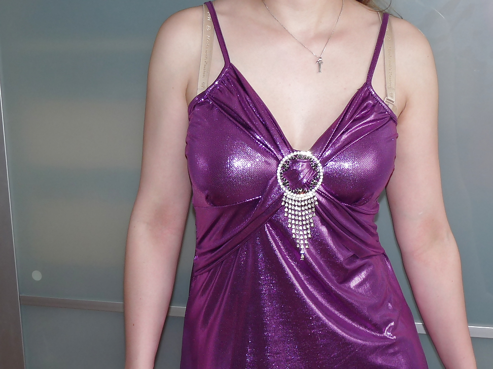 Wifes sexy satin silk shiny glossy purple dress2 pict gal